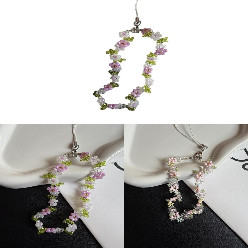 Handmade Girl Phone Lanyard With Floral Green Leaf Beads Pvc Cord For Smartphone Accessories