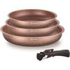 Set of 3 Frying Pans - All Hobs Including Induction - - AM9811 - Ø 20, 24 and 28 Cm + 1 Removable Handle - Terracotta