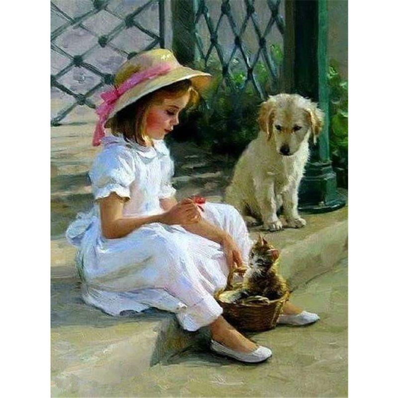 5d Diy Diamond Painting Child Dog Farm Home Decor Diamond Embroidery Girl Boy Animal Mosaic Crystal Hobby