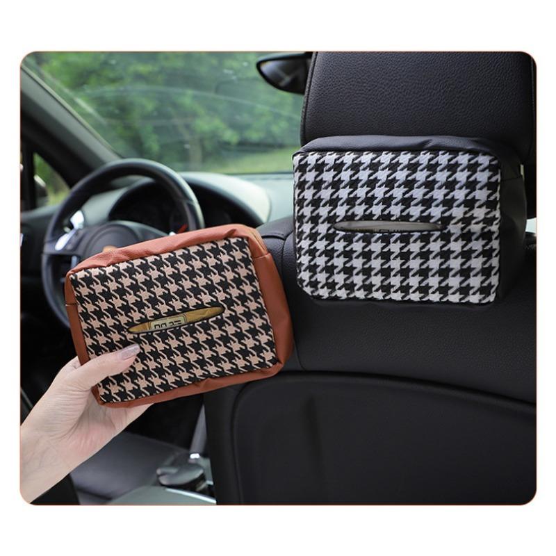 Multifunctional Knitted Houndstooth Hanging Backseat Car Tissue Box For Home And Vehicle