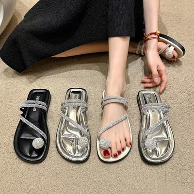 Fashion Crystal Ball Clip Toe Sandals Women Glitter Beading Flat Sandalias Mujer Two Wears Silver Leather Slides Summer Shoes for Woman
