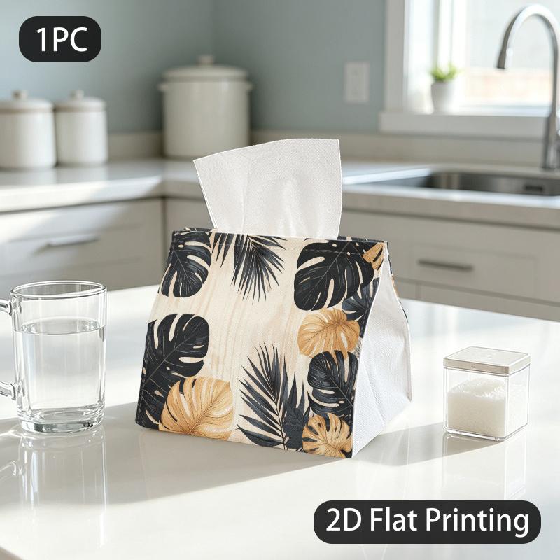 1pc Tissue Box, Elegant Tropical Black Golden Monstera Palm Leaves Luxury Pattern, 2D Flat Printing, Multi-Use, Easy to Carry, Napkin Dispenser, for C