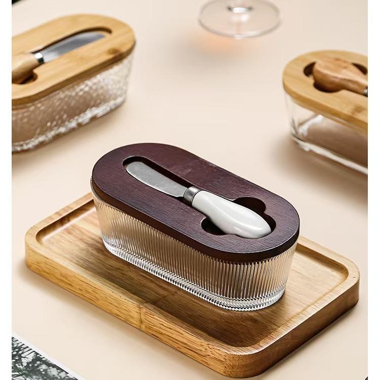 Western-style Glass-sealed Butter Box with Lid, Rectangular Scraper, Household Cheese Preservation Jar, Household Cheese Box