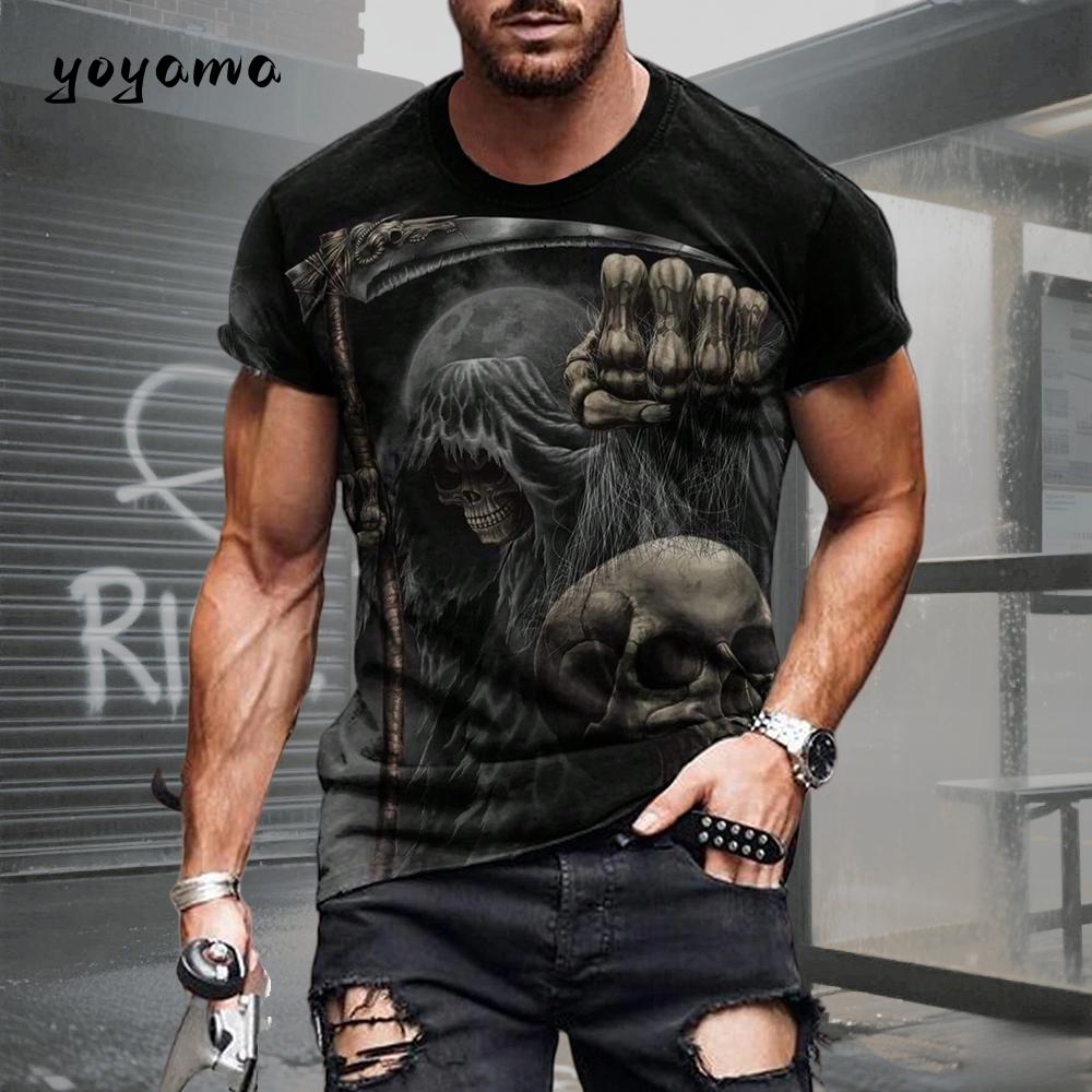 Men's T-shirt with Skull Pattern 3D Print. Summer Retro Casual Sports Short-sleeved Adult Quick-drying and Breathable Clothing.