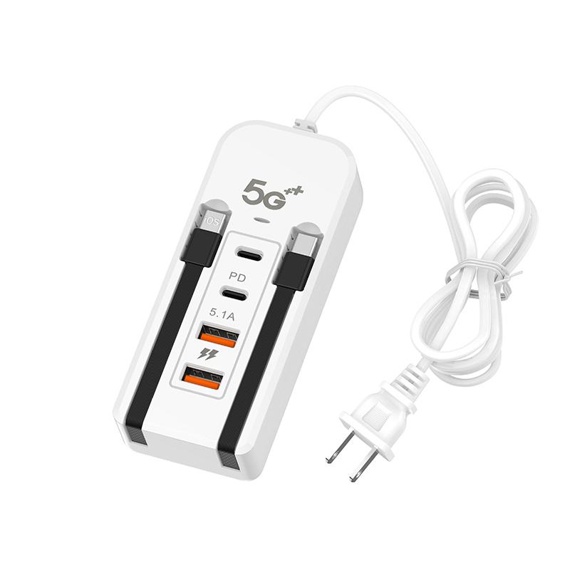 4 Port Usb Charger With Type C Socket Extension Cable Multi Port Dual Pd Fast Charging For Mobile