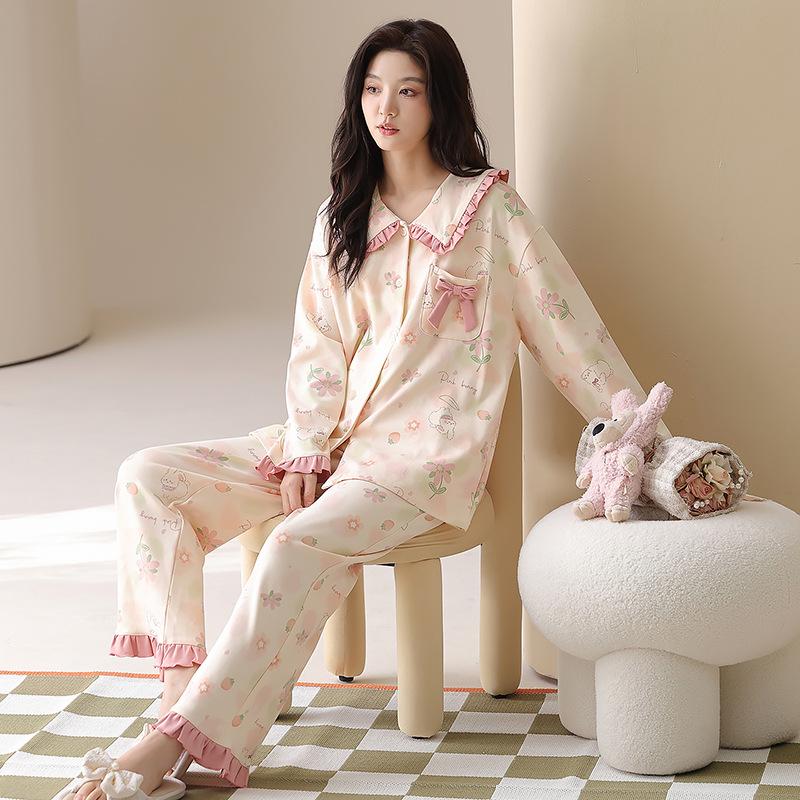 Women's Pure Cotton Pajama Set - Cute Princess Style, Long Sleeve Cardigan, Plus Size, Spring/Fall/Winter Home Wear