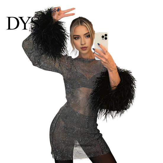 Sexy Evening Dress Glitter with Fur-Trimmed Cuffs Round Women Neckline Long Sleeves See-through Slim Fit