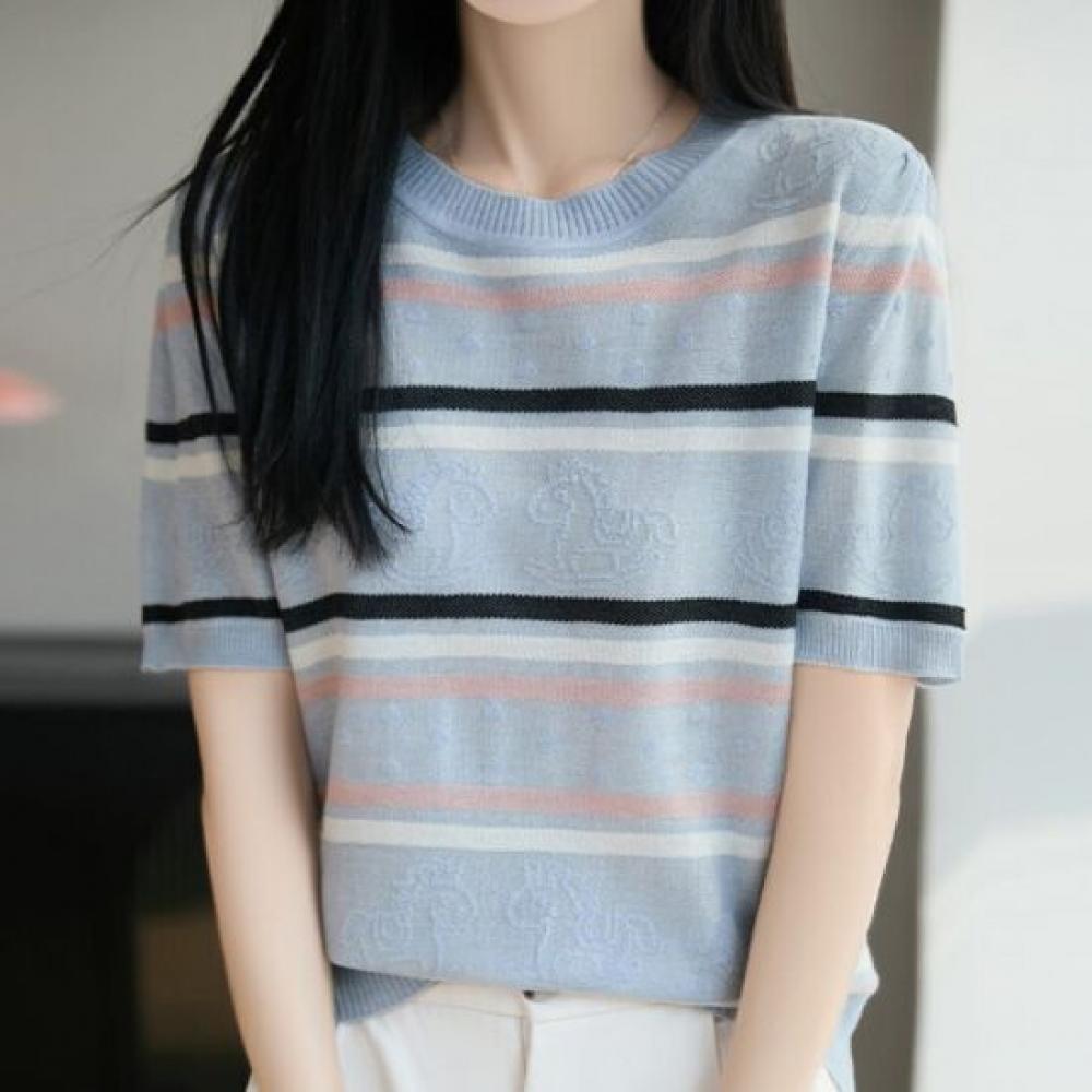 Navava Men Casual STripe Round Neck ShorT Sleeve KniT T shirT Nk3622