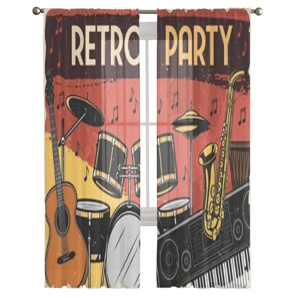 Musical Instruments Retro Music Party Design Chiffon Sheer Curtains for Living Room Bedroom Window Curtain Voiles Tulle Cortinas