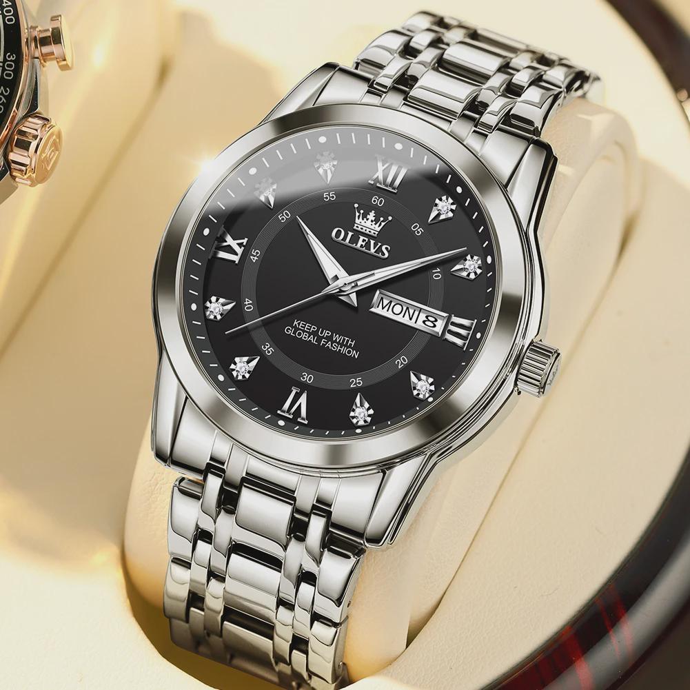 OLEVS Men's Watch Dual Calendar Display Waterproof Luminous Original Luxury Diamond Watch Fashion Men's Watch