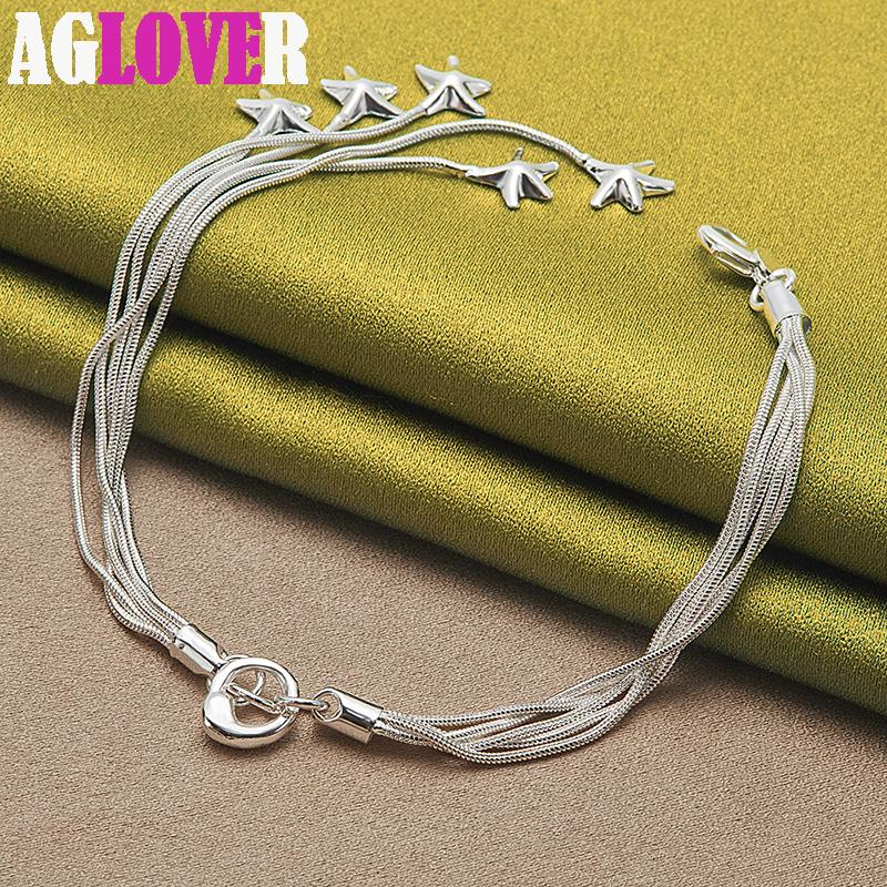 925 Sterling Silver Five Solid Starfish Snake Chain Bracelet Jewelry