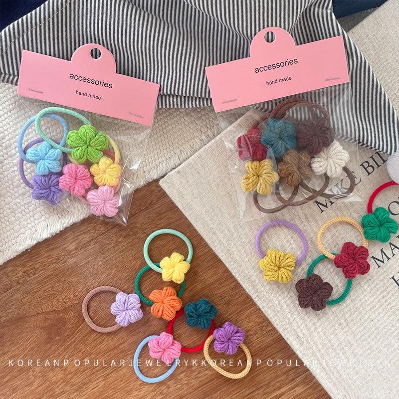Handmade Korean Crochet Flower Hair Accessory Set for Autumn: Women's & Children's Ponytail Ties & Sweet Side Bang Clips