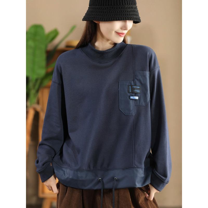 

DIMANAF 2025 Худи Большого Размера Осень Однотонная Футболка Женская С Длинным Рукавом Свободные Топы Футболки One Size темно-синий