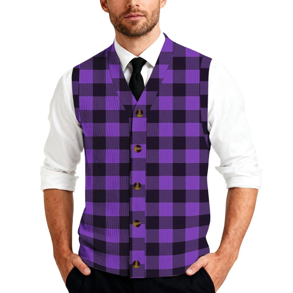 Men's Striped Plaid Print Tank Top Knitted Button,Down Shirt | Sleeveless Casual Button,Up Vest With Collar For Daily & Layering