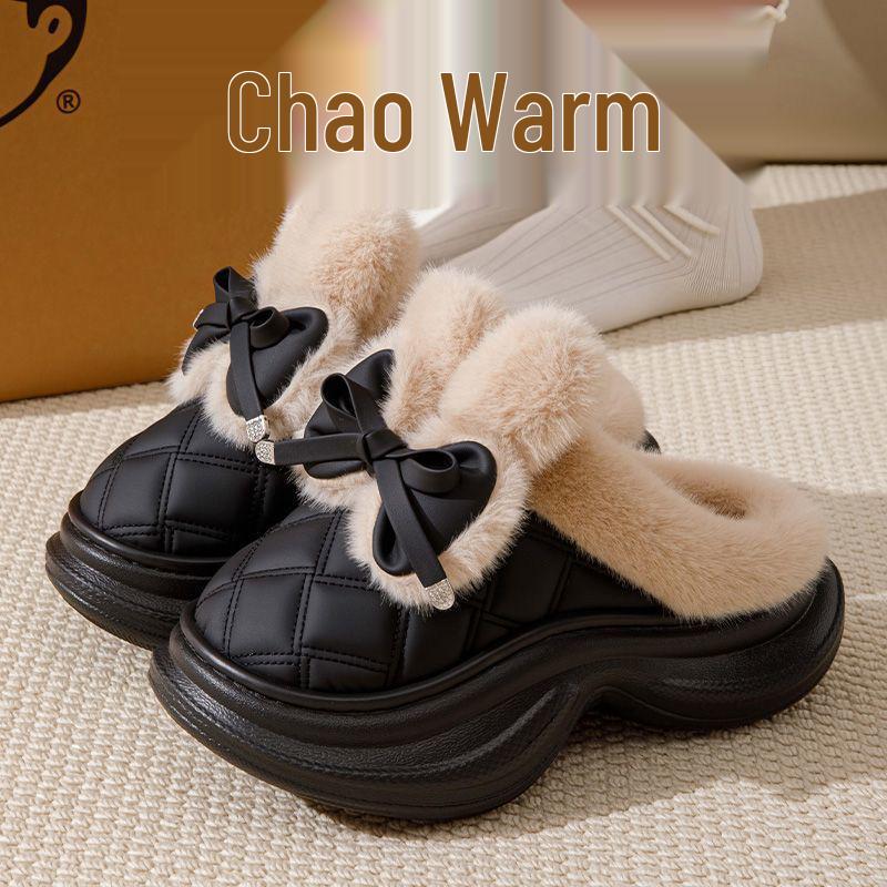 Damen 2025 Winter Schleife Baumwollpantoffeln: Rutschfest, Dicke Sohle, Warmes Plüsch für den Außenbereich