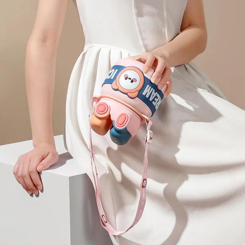 850ml Stainless Steel Children's Insulated Cup Portable Thermos Water Bottles with Strap and Straw Cute Cartoon Big Belly Cups