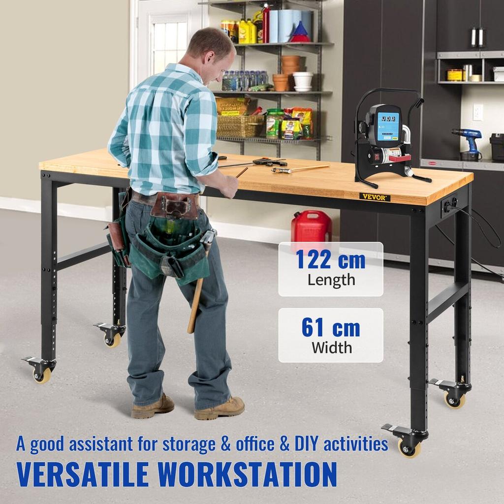 Workbench Adjustable Height, 122cm W X 61cm D X 104cm H Garage Table w/ 79 – 104 cm Heights & 720KG Capacity, with Power Outlets & Hardwood Top &