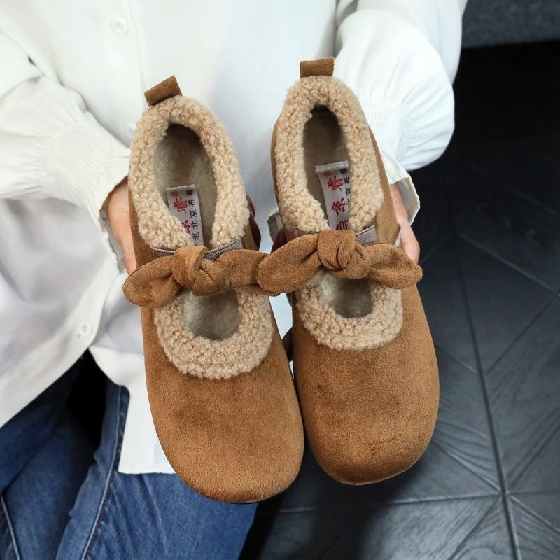 Winter soft-soled Mary Jane women's shoes retro bow Birkenstocks, ugly cute fluffy shoes cotton shoes