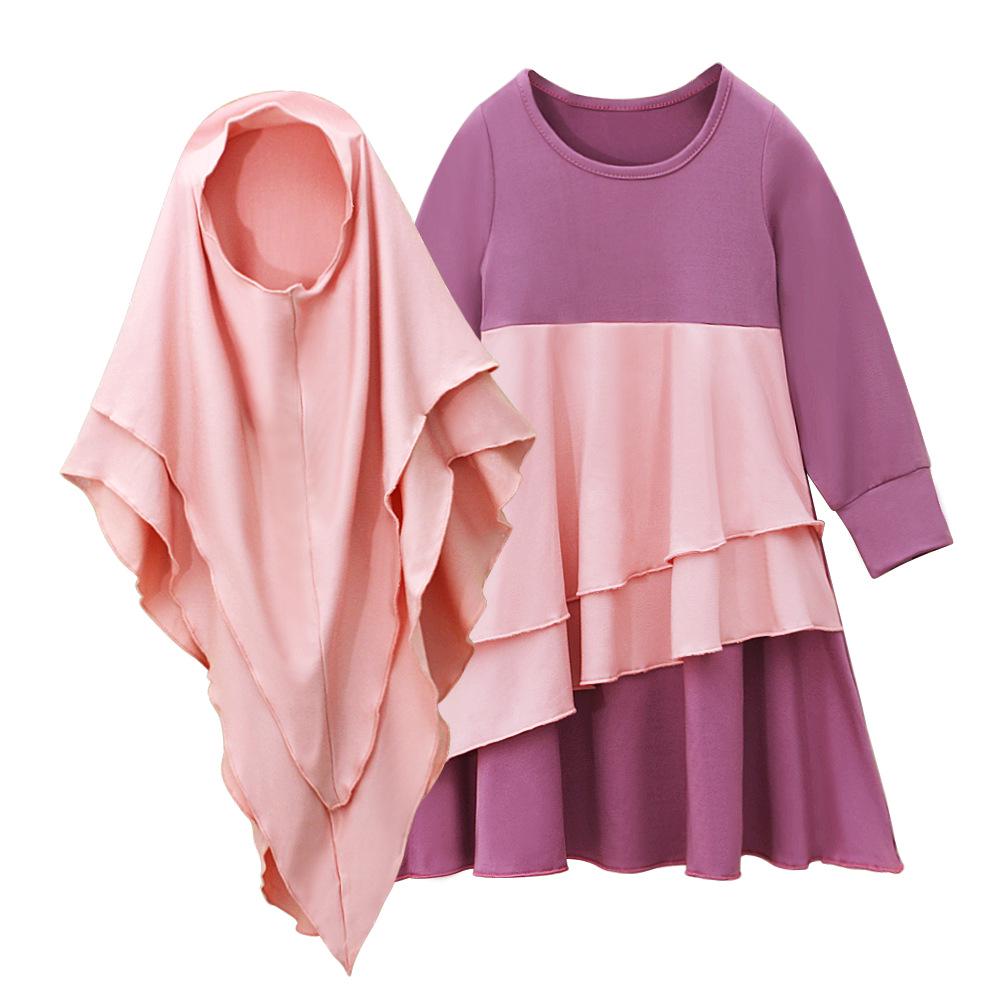 

Girls Patchwork Long Sleeve Dress & Headscarf Set - Spring/Autumn Style 130