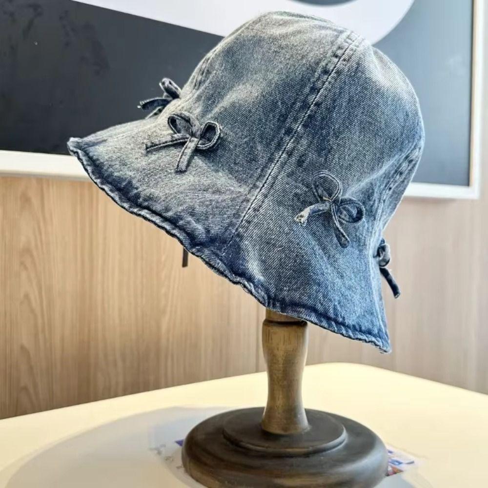 Korean Style Bow Fisherman Hat Sweet Sunscreen Hat Fashion Denim Bucket Hats  For Women