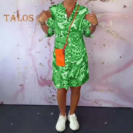 Damenkleid mit V-Ausschnitt, 3/4-Ärmeln, A-Linien-Kleid, leuchtende Farben, bedruckt, knielanges Kleid, Urlaub, Freizeitkleidung