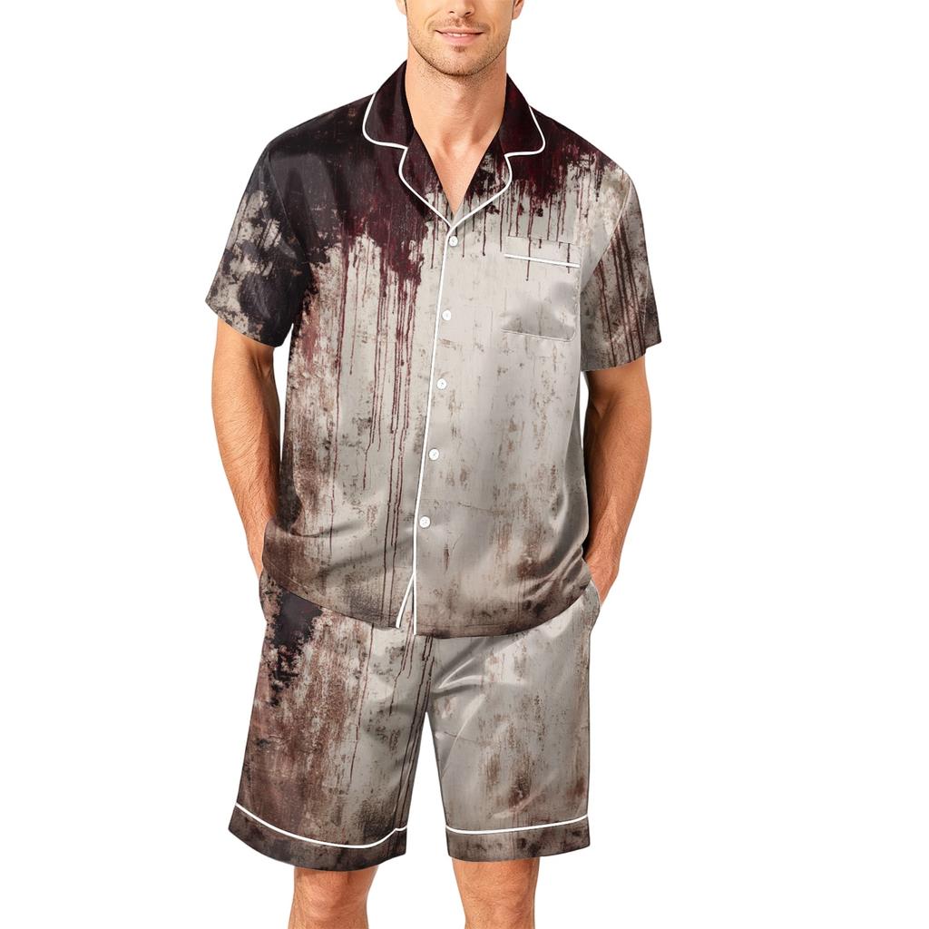 Herren Kurzarm Pyjama Set Knopfleiste Hemd mit Tasche und Kordelzug Shorts Weich Leicht Lässig Nachtwäsche S bis XXXXL