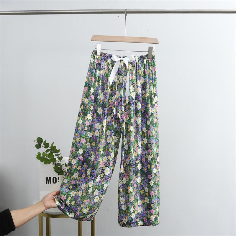 Dámské letní kalhoty květinové bavlny a viskózy nadměrné velikosti - Tenké, ležérní, dlouhé na spaní a plážové oblečení