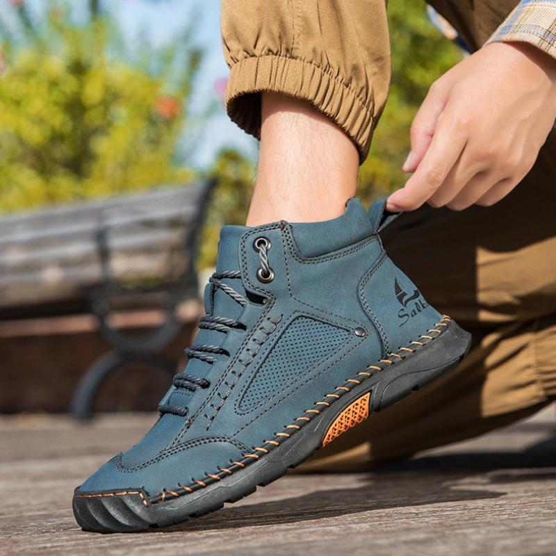 Women/ Men's PU Leather Boots, Men's Fashionable Handmade Stitched Ankle Boots, Flat Bottomed Lace Up Casual Shoes
