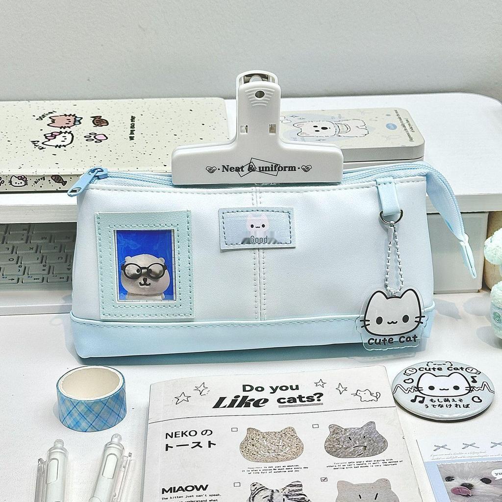 Cute Blue & White Kitten Pencil Case - Large Capacity Cartoon Stationery Box for Female Students