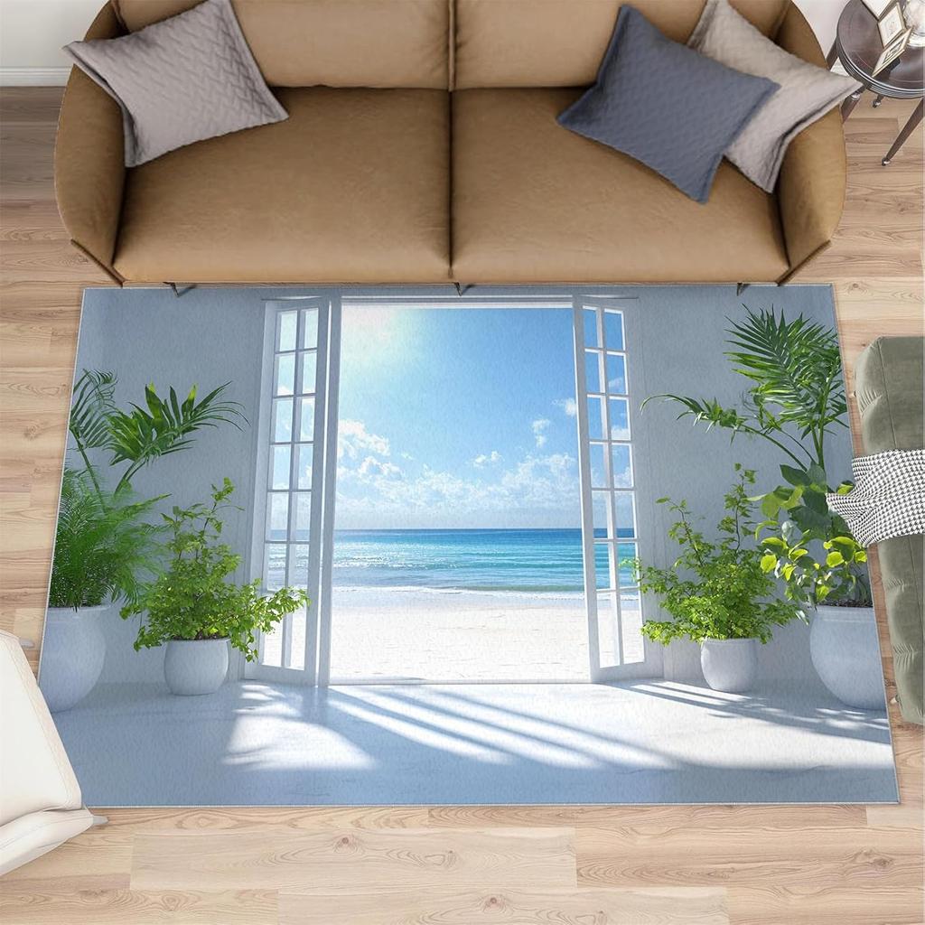 Dolphin Jumping Ocean Wave Print Carpet Nautical Theme Home Decor Rug Absorbent Anti-Slip Living Room Bedroom Hallway Decor Mat