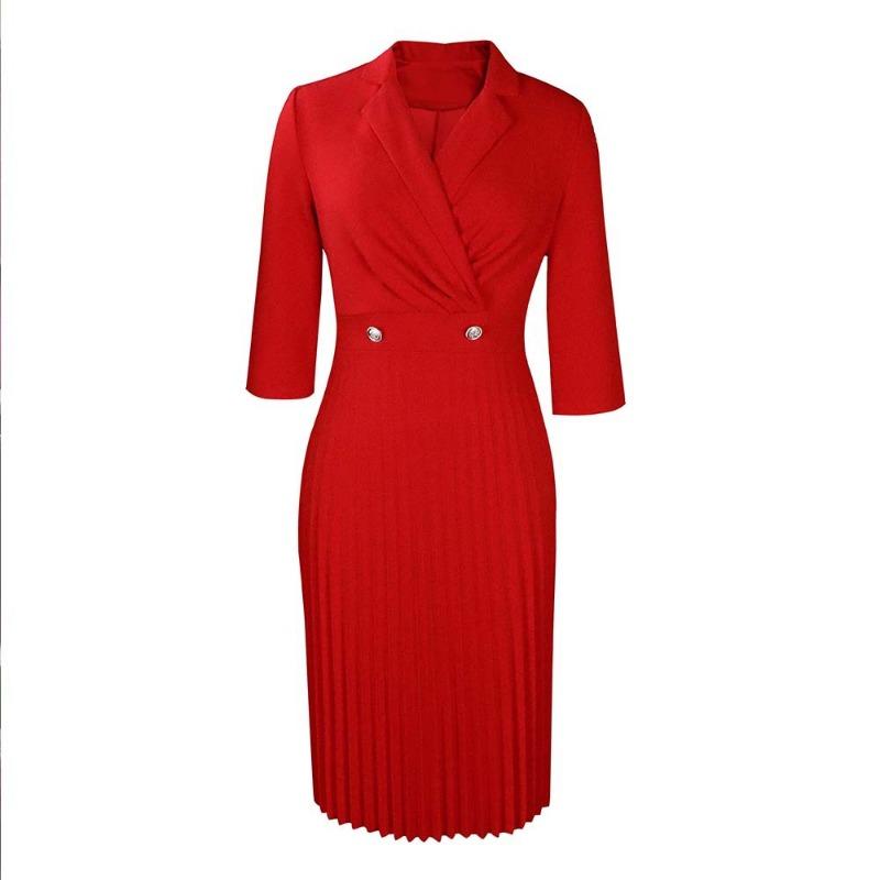 

Женская одежда больших размеров осень и зима новый костюмный воротник однотонное темпераментное плиссированное платье XXXL красный