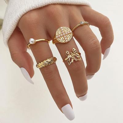5 Piece Set Gentle Romantic Butterfly Ring Fashion Pearl Charm Temperament Woman Butterfly Animal Sexy Ring Set Set