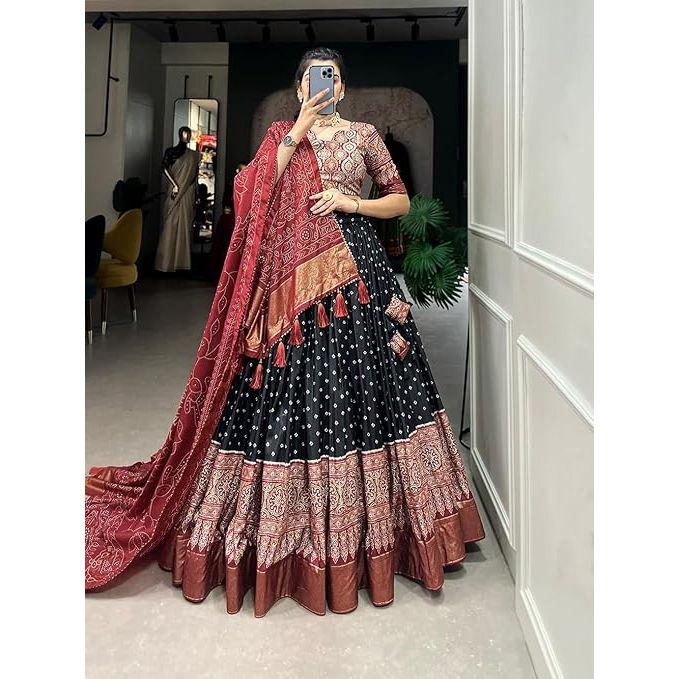 Dámská dokonale Kolekce Tussarové hedvábí Lehenga Choli Patola potisk s fóliovou prací, Nesešitá halenka,