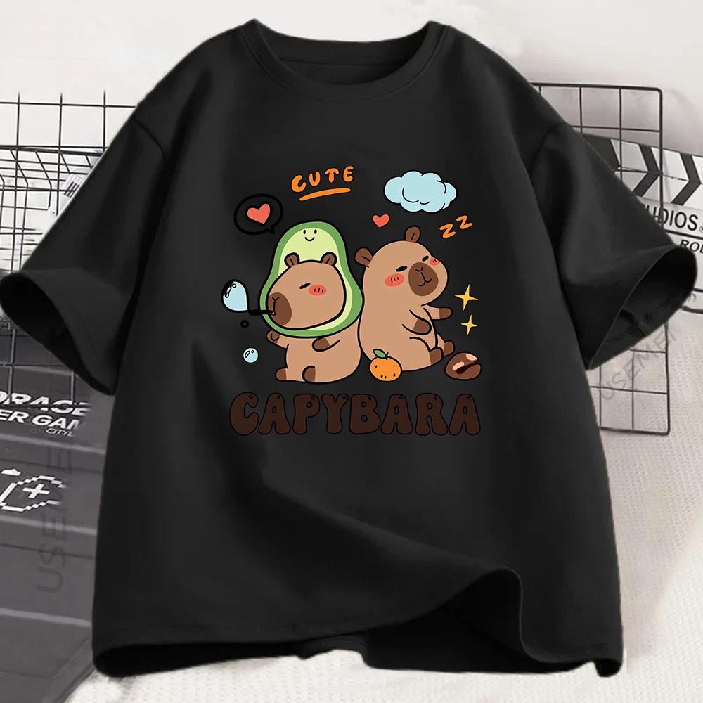 Cute Capybara Avocado Graphic T-shirt Kawaii Animal Print Tee Summer Short Sleeve Casual Fashion Top for Women Girls Kids