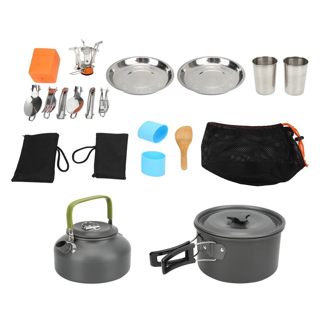 Kempingowy Zestaw Naczyń z Lekkim Garnkiem, Kuchenką, Sporkiem i Siatkową Torbą do Przenoszenia na Backpacking, Kemping na Świeżym Powietrzu, Wędrówki