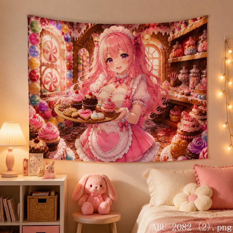 Pastel Rainbow Anime Girl Aesthetic Tapestry Pink Floral Sky Cartoon Wall Hanging Teen Dorm Bedroom Otaku Home Decor