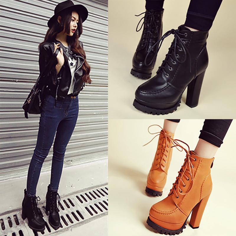 19-2 high heels thick heel short boots 10CM autumn and winter new waterproof platform thick-soled Martin boots front lace-up non-slip women's boots