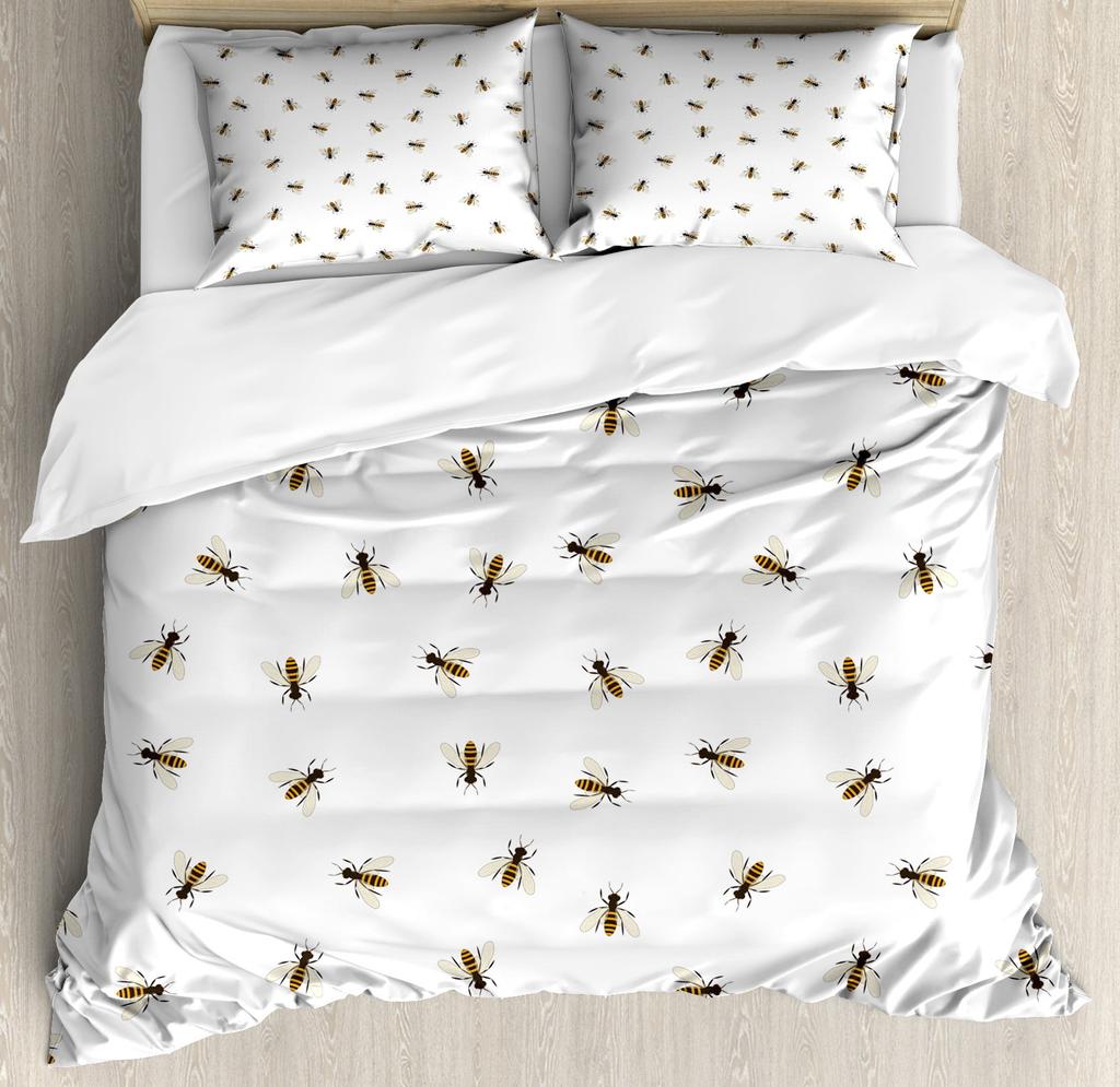 Be Quen Sized Dimensions Soft Duvet Cover Set, Bumble Bes Producing Honey By Filing Honeycombs Cels Themed Graphic Image Print, Soft Warm