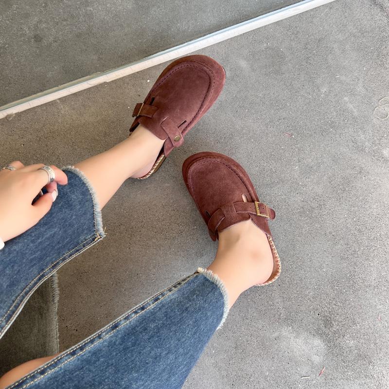 2024 Spring Women's Closed Toe Slippers Cow Suede Leather Clogs Sandals For Women Retro Hand Made Garden Mule Clog Slides