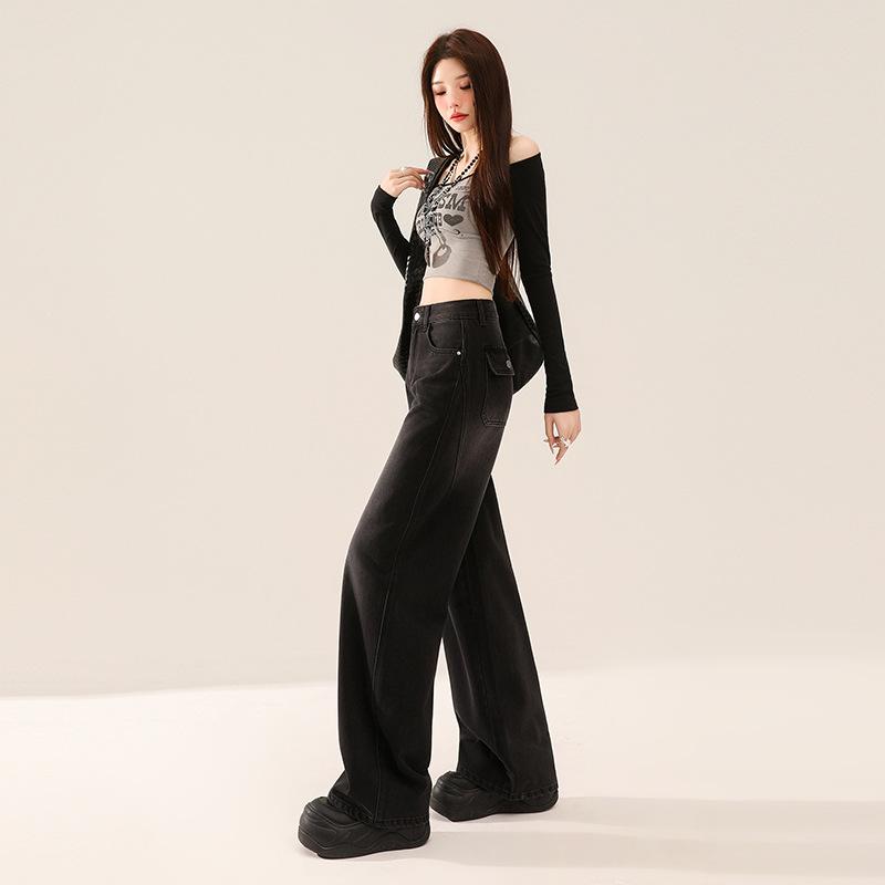 Retro Street American Back Bag Flip Design Jeans Women's New Loose High Waist Versatile Mopping Wide Leg Pants Tide