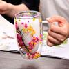 Double Wall Glass Mug with Flower Glitter Inside 450ml Large Capacity Heat & Cold Resistant Transparent