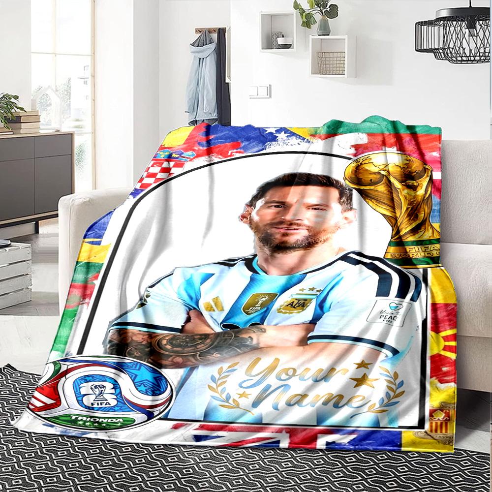 Football Messi Personalized Name Blanket Throw Customizable Blanket Ultra-Soft Perfect for Livingroom Home Decor Office Chair Couch