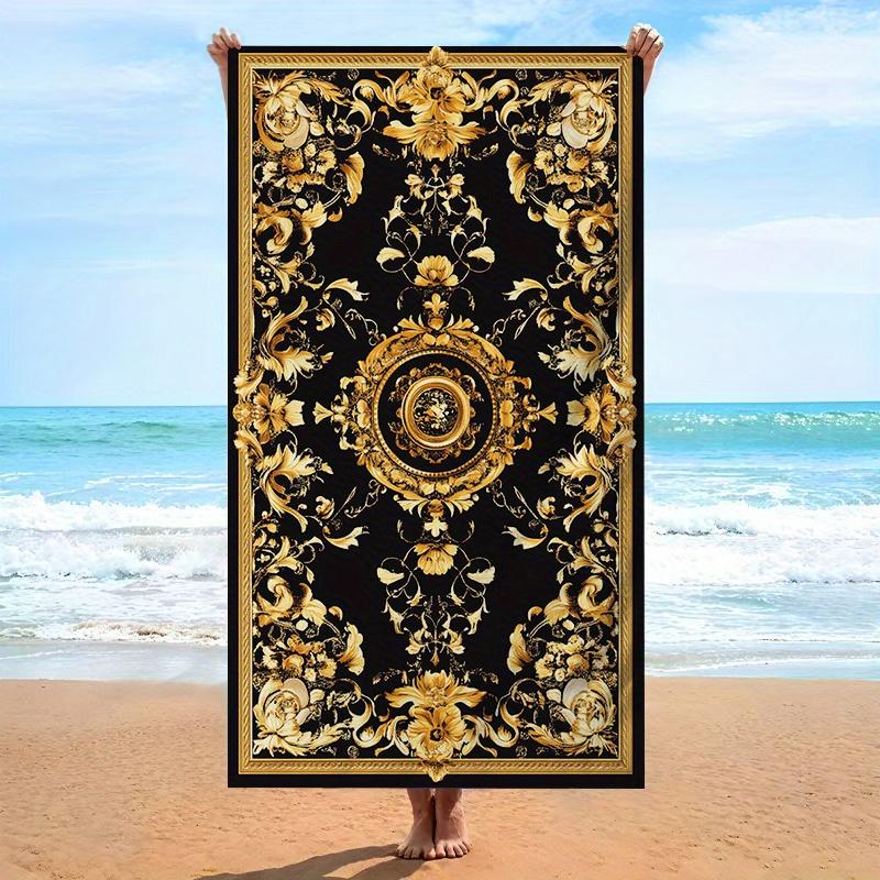 Luxury Black Golden Baroque Medallion Beach Towel, Oversized Soft Microfiber for Swimming Travel Camping W30*H60(CM)