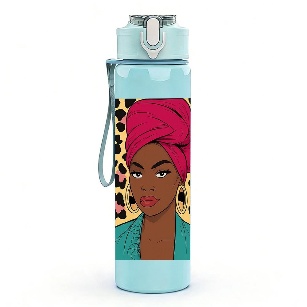 1PC African Woman Turban Pattern 750ml Color Plastic Sports Water Bottle Leakproof Flip Straw Lid Suitable for Sports Office Home Use