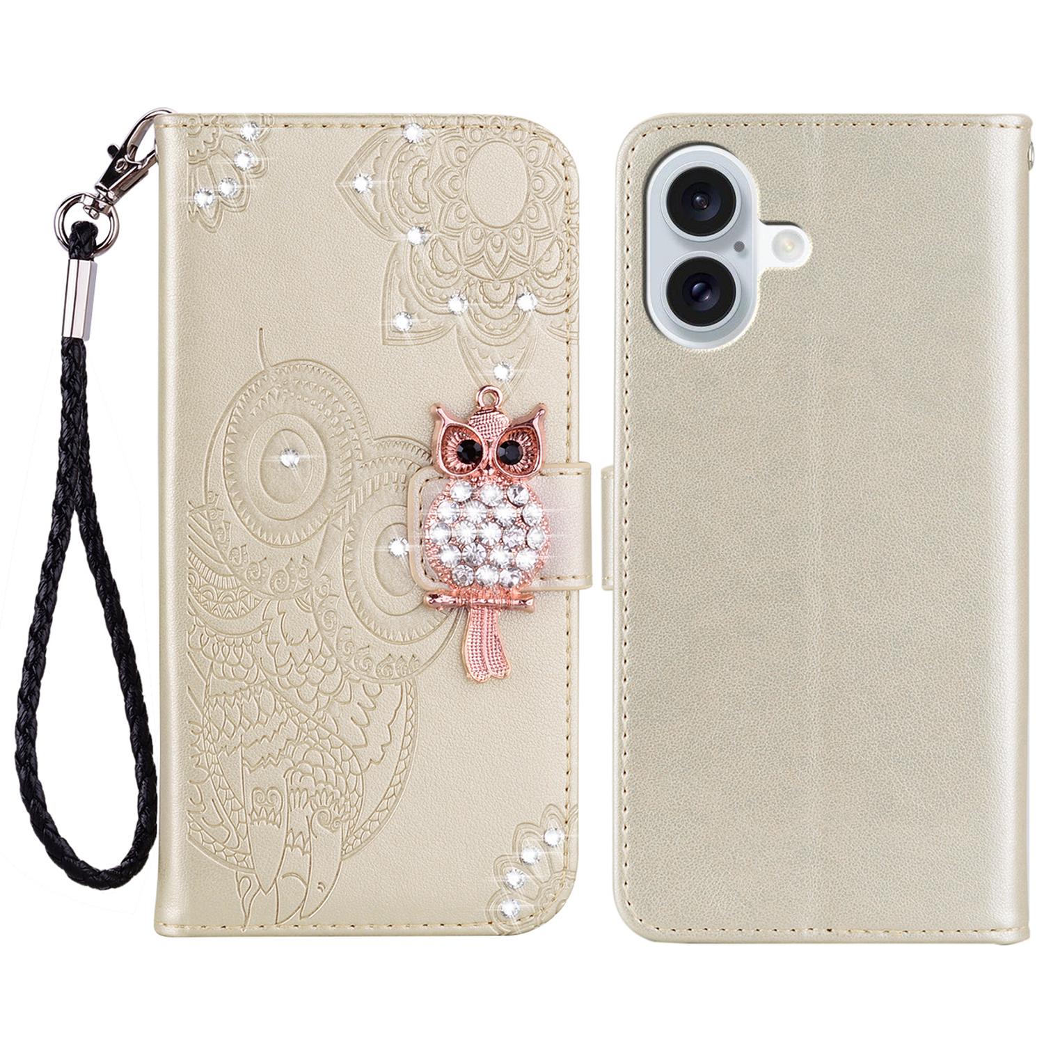 

For iPhone 16 Plus Wallet Case Owl Flower Imprinted Rhinestone Leather Cover Gold