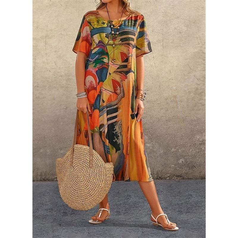 Ladies Summer European And American Style Casual Printed Dress Summer Short-sleeved Waist Round Neck Loose Beach Long Skirt
