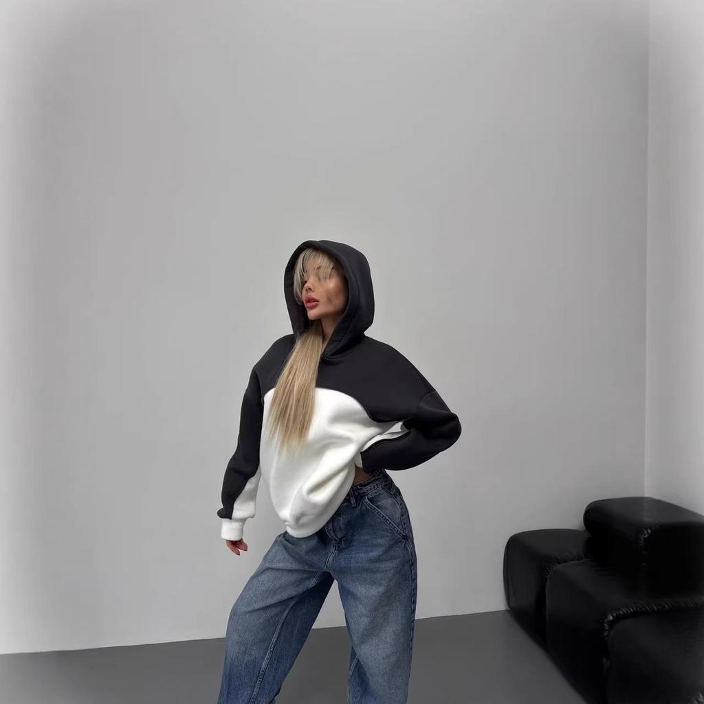 Splicing contrasting color design hooded pullover sweater women lazy drape loose top women