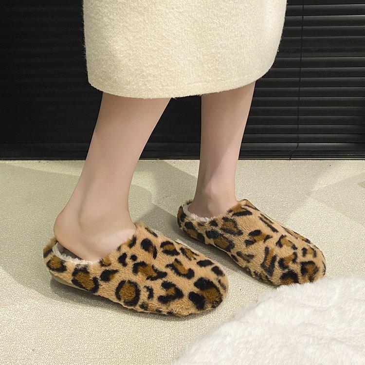 Women's Baotou Leopard Plush Slippers Padded Warm Winter Thick Bottom Heightened Home Slippers Casual Hiking Indoor Shoes Snow Cotton Slippers
