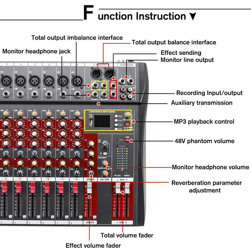 8 Channel Audio Mixer DJ Sound Mixing Console with USB MP3 Jack bluetooth Professional Karaoke Amplifier 48V Phantom Power