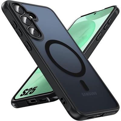 Etui z Pierścieniem Magnetycznym dla Samsunga Galaxy S25, Ochrona Silikonowa i PC + Wbudowane Szkło na Aparat - Czarny